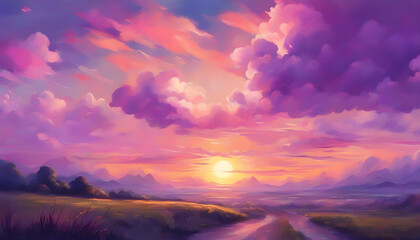 sunset in the mountains with anime purple oil painting art