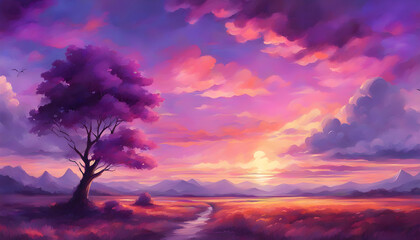 Beautiful Landscape Background Sky Clouds purple Sunset Oil Painting 