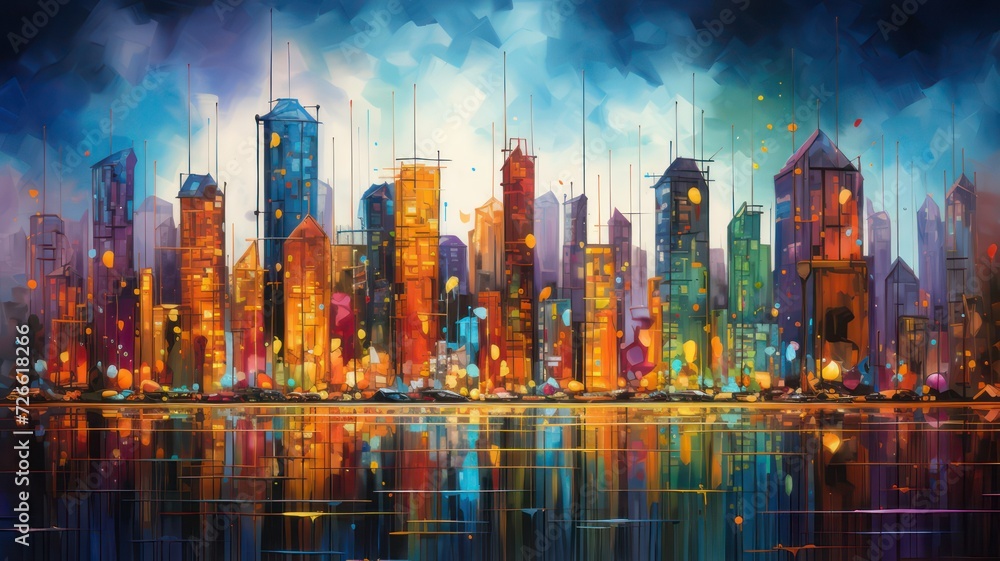Poster colorful skyline in cartoon style created with generative ai