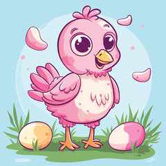 Vector Illustration with Happy Pink Chicken