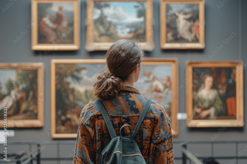Poster a person observing art in a gallery, fully immersed in the experience and interpretation. concept of