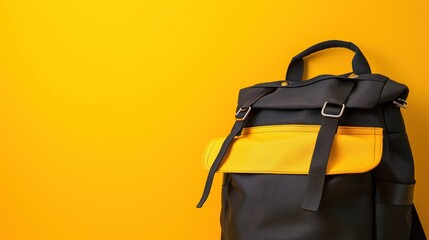 Black and Yellow School Bag on Plain Yellow Background: Space for Text and Logos, Advert Mockup Resource