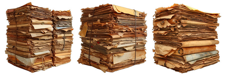 pile of old paper documents isolated on transparent background ,generative ai
