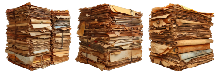 pile of old paper documents isolated on transparent background ,generative ai