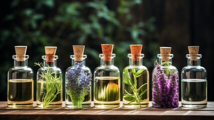 Assortment of essential oil bottles with fresh plants   lavender, peppermint, rosemary