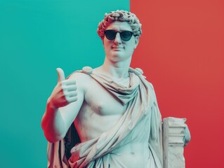 male smiling white statue portrait with beard, shows thumbs up, wear sunglasses, smiling, ancient clothes, vibrant blue color background
