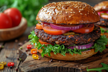 A vegan black bean burger, providing a plant-based and protein-rich alternative to meat. Concept of sustainable and health-conscious eating. Generative Ai.