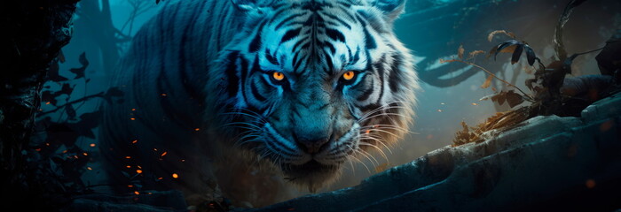 tiger with sapphire-blue eyes, prowling in a jungle illuminated by the soft light of the moon
