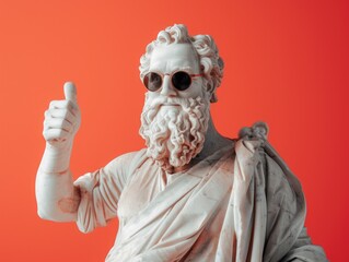 male smiling white statue portrait with beard, shows thumbs up, wear sunglasses, smiling, ancient clothes,  
