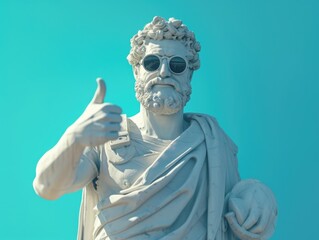 male smiling white statue portrait with beard, shows thumbs up, wear sunglasses, smiling, ancient clothes,  
