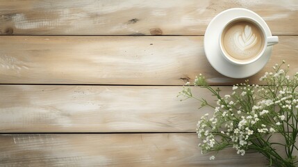 Bird's Eye View of Coffee Cup on Wooden Table: Copy Space with White Flowers - Powered by Adobe