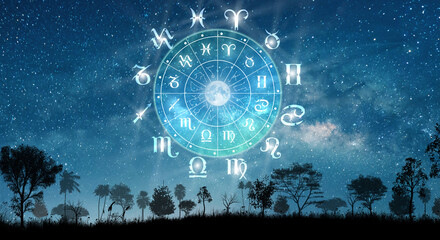 Astrological zodiac signs inside of horoscope circle. Landscape with The stars and moon over the zodiac wheel and milky way background. The power of the universe concept.
