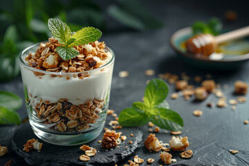 Greek yogurt parfait with honey and granola, a calcium-rich and probiotic meal option. Concept of balanced and wholesome breakfasts. Generative Ai.