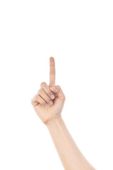 Female hand pointing isolated on white background with clipping path.