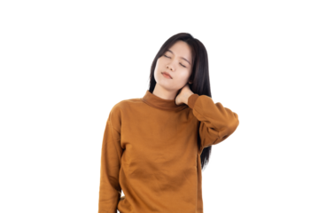 Young asian woman is having a strong pain in neck isolated on white background with clipping path. massaging the neck.