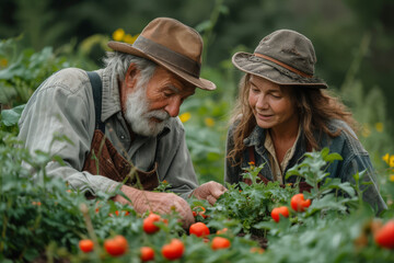 An elderly couple gardening together, nurturing their plants as they nurture their relationship. Concept of lifelong companionship and connection to nature. Generative Ai.
