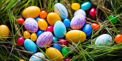 Fototapeta na wymiar Colored eggs and vibrant candies on grass. Easter composition Beautiful and high quality photo