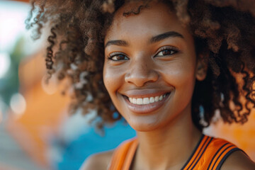 Afro woman wearing basketball player or supporter attribute uniform