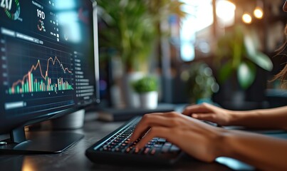 realistic shot of a female hand typing on a keyboard in an office environment