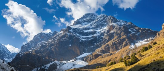 High mountain with withe snow and blue sky landscape. AI generated image