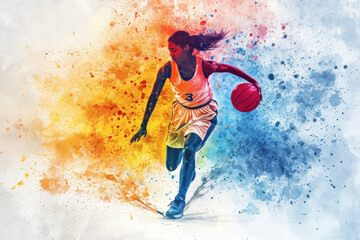 Basketball player in action, woman colorful watercolor with copy space