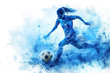 Soccer player in action, woman blue watercolor with copy space