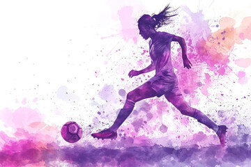 Soccer player in action, woman purple watercolor with copy space