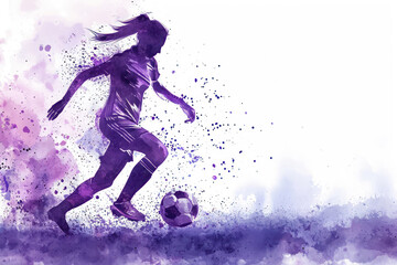 Soccer player in action, woman purple watercolor with copy space