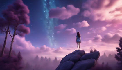 A girl standing on rock at forest with cloudy blue, purple sky and stars