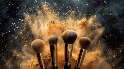 Make up brush with cosmetic colorful powder splash. Brushes, Powder explosion - obrazy, fototapety, plakaty