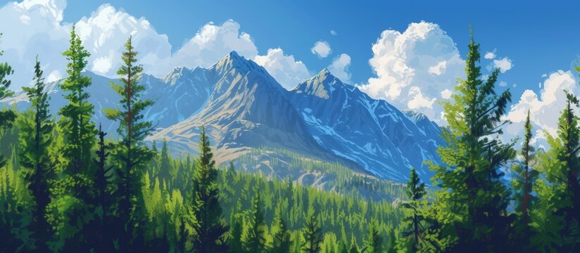 Mountain with pines forest with blue sky landscape. AI generated image