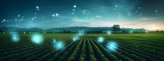 Wide  format application of using a digital technologies such as  digital network , IoT and AI  for development within farming and agriculture , background of a digital farming - obrazy, fototapety, plakaty