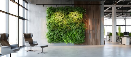 Green fresh plants in modern office wall for refreshing air circulation in the room. AI generated - obrazy, fototapety, plakaty