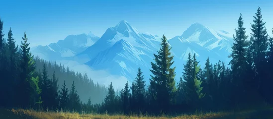 Poster Mountain with pines forest with blue sky landscape. AI generated image © orendesain99
