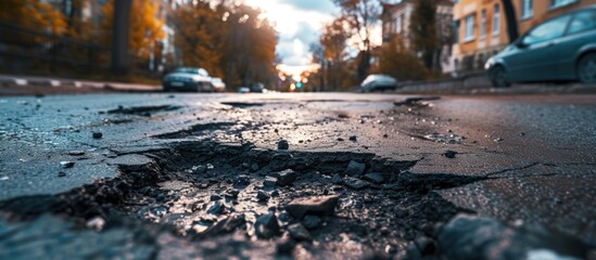 Closeup bad damaged asphalt road with potholes that are dangerous for passing cars. AI generated - obrazy, fototapety, plakaty