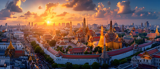 Grand palace and Wat phra keaw at sunset.