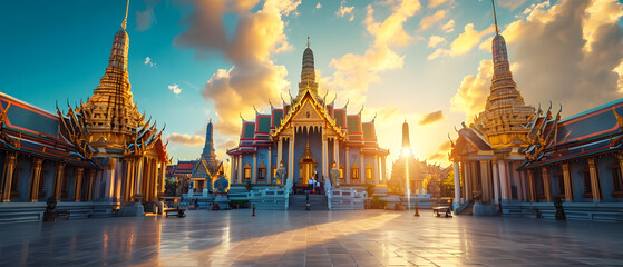 Grand palace and Wat phra keaw at sunset. - obrazy, fototapety, plakaty