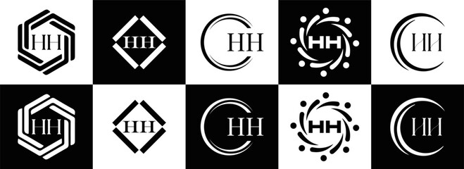 HH logo. H H design. White HH letter. HH, H H letter logo SET design. Initial letter EE linked circle uppercase monogram logo. H H letter logo SET vector design. HH letter logo design	

