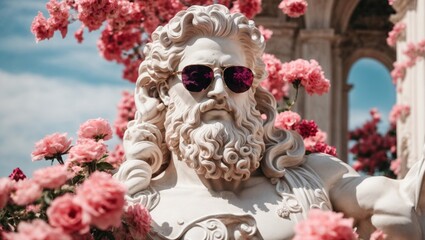 marble statue of a man in flowers - obrazy, fototapety, plakaty