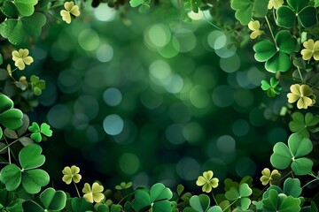Clover leaves on a blurred green background. St. Patrick's Day celebration, luck and fortune concept, copy space
 - obrazy, fototapety, plakaty
