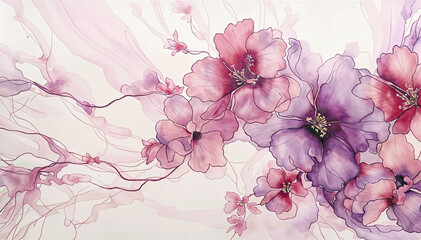  watercolor painting of pink and purple flowers on white marvel background 