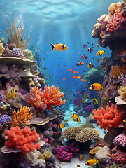 Naklejka na ściany i meble Tropical sea underwater fishes on coral reef, Generative AI