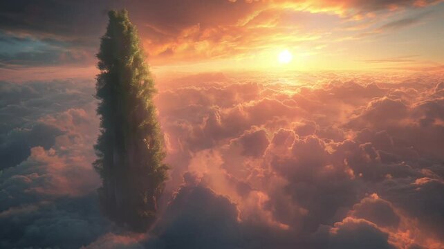 a very tall tree penetrated the clouds, forming like a flying island, repeat view