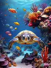 Fototapeta na wymiar Turtle swimming in coral reef underwater high-quality image, generative AI 