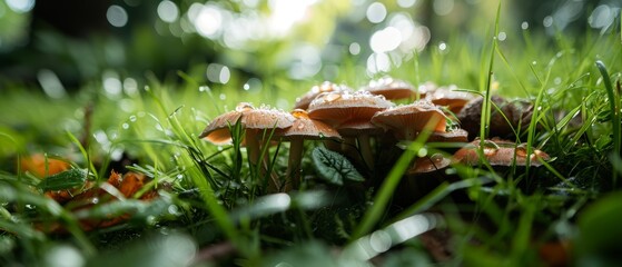 Cluster of Wild Mushrooms in Grass
