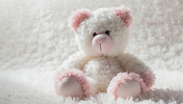 A high-resolution image capturing the innocence of a white and pink teddy bear against a spotless white canvas, their gentle colors creating a delightful visual contrast