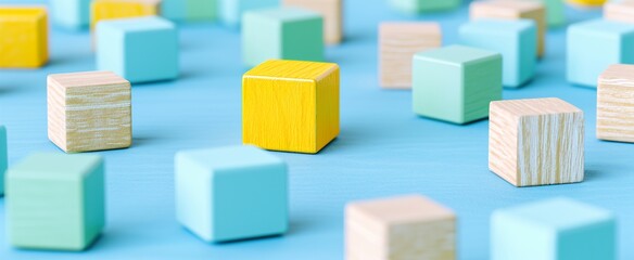 Obraz premium Diversity, individuality or difference concept. Selective focus wooden cubes 