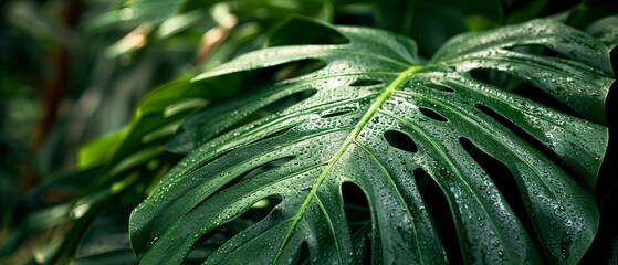 Fototapeta premium Monstera Leaf with Raindrops