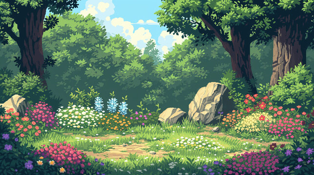 pixel art of flower garden dungeon background battle scene in RPG old school retro 16 bits, 32 bits game style