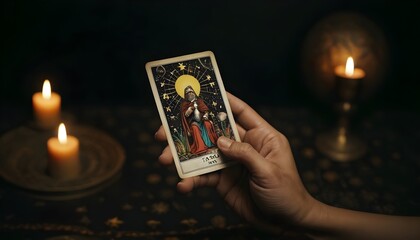 Reading tarot card in my hand in right side with dark astrology background